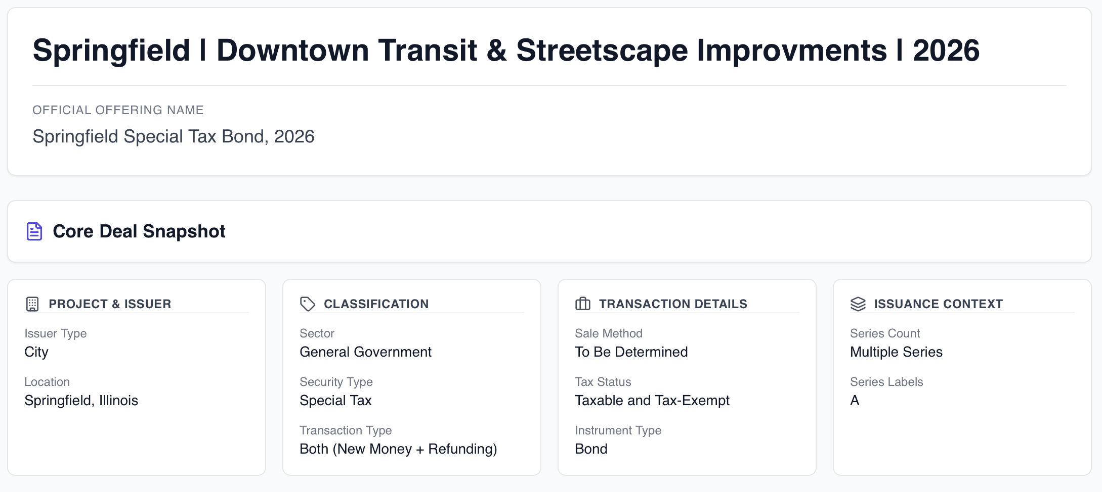 MuniFlow Deal Overview showing core deal details and information snapshot