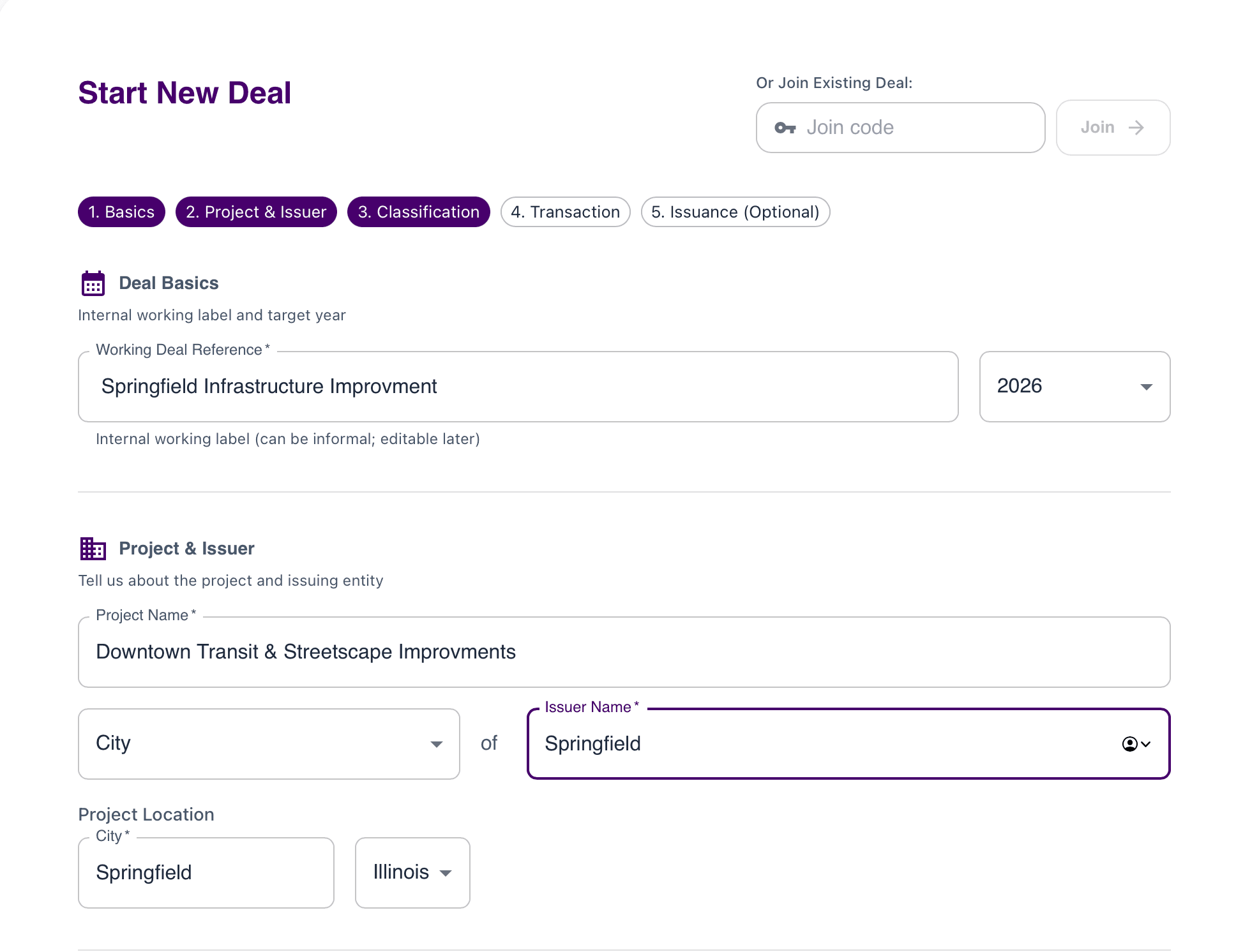 MuniFlow Deal Setup interface showing structured form for creating new municipal bond deals
